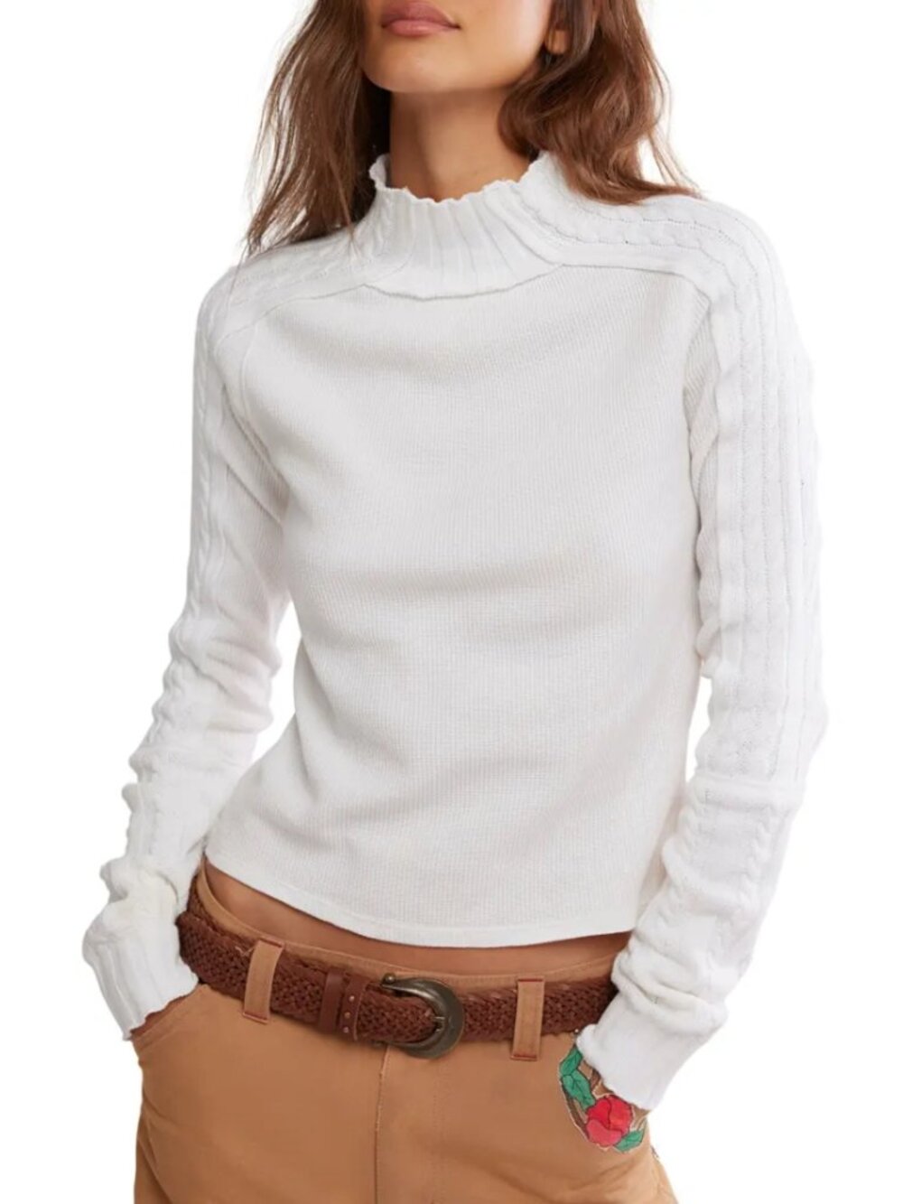 We The Free People WTF Breezy Cable Knit Mock Neck Top White Rustic Size XL